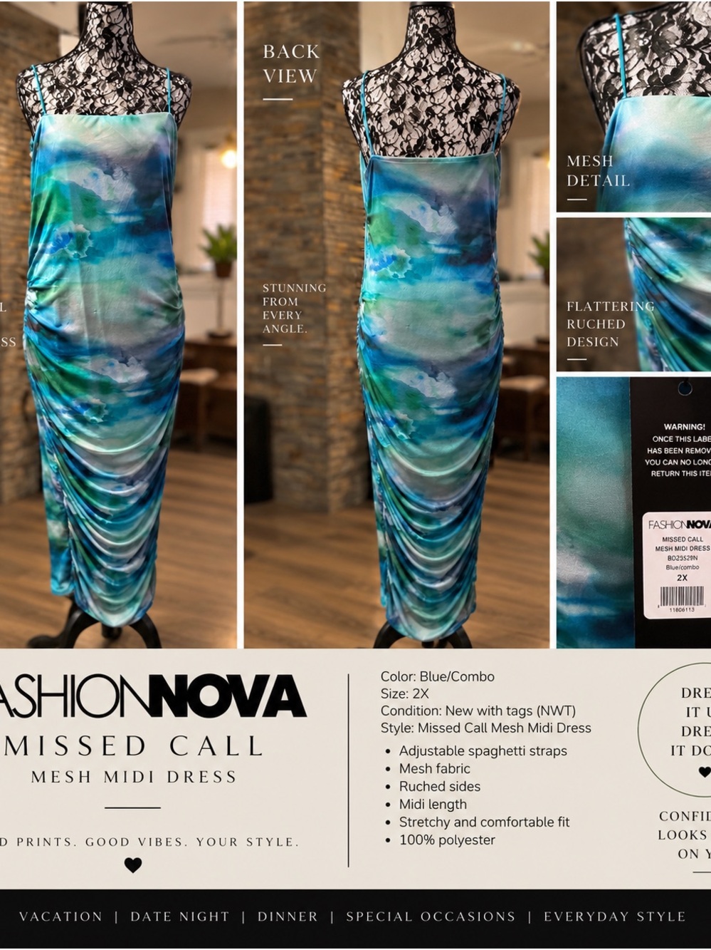 Fashion Nova Blue Teal Ombre Mesh Midi Dress